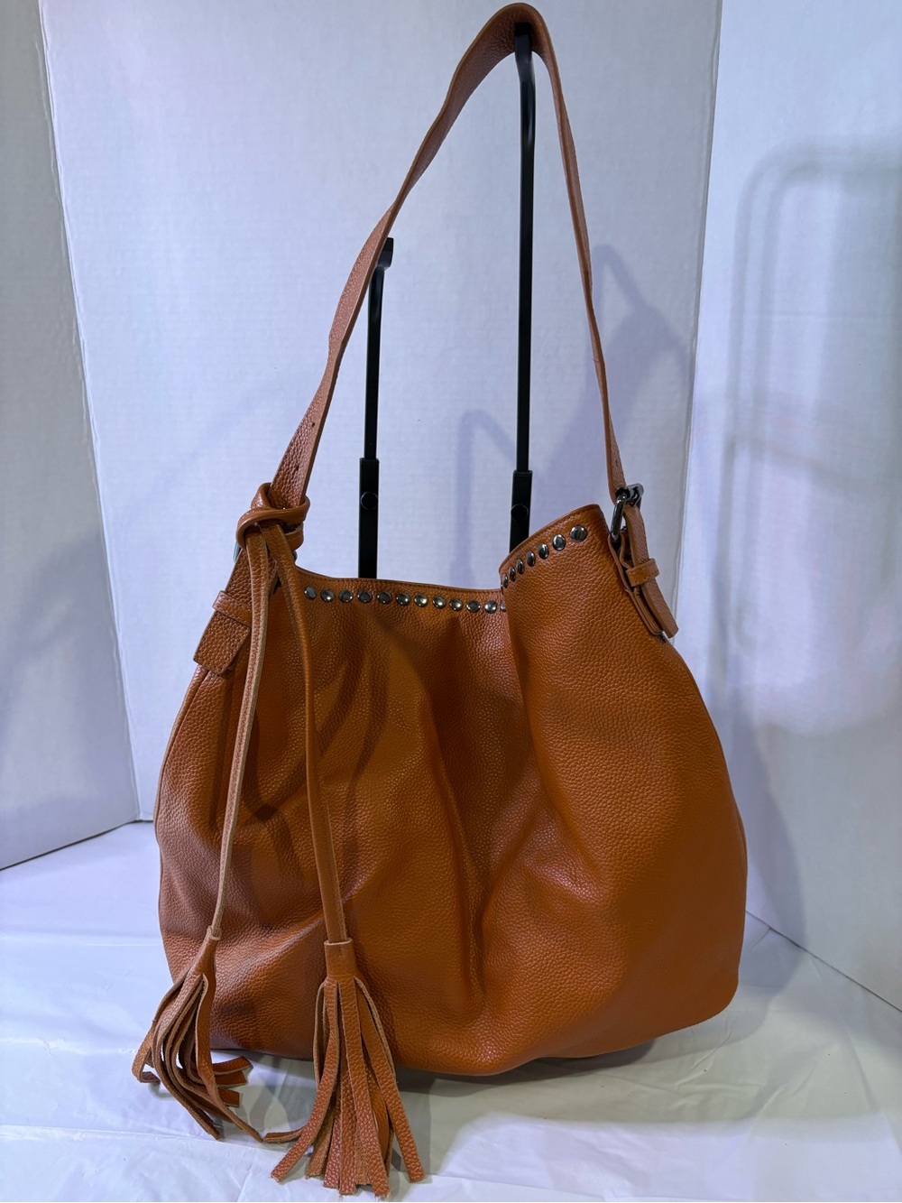 Pebbled Tassel Shoulder Bag in Tan
